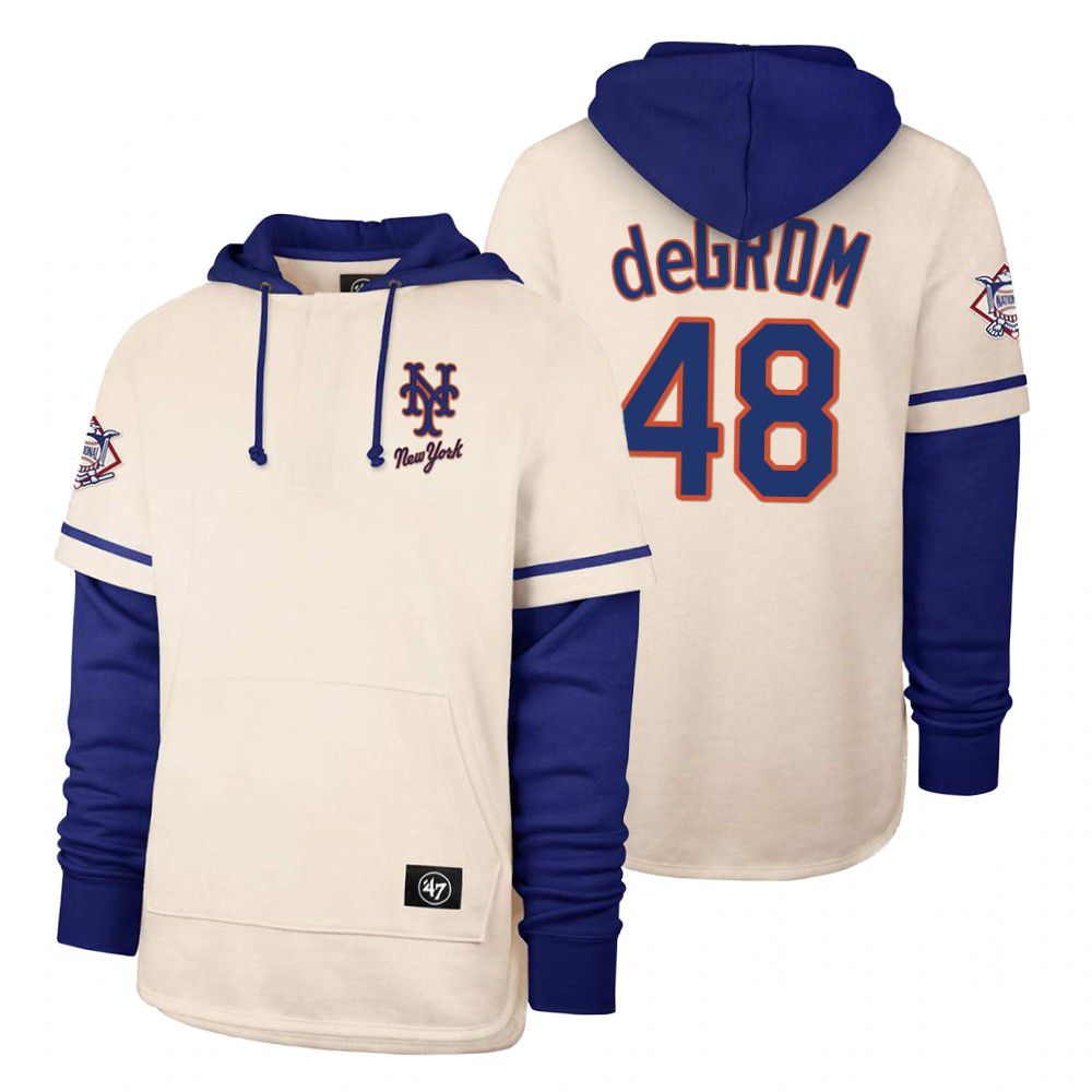 Men New York Mets #48 Degrom Cream 2021 Pullover Hoodie MLB Jersey